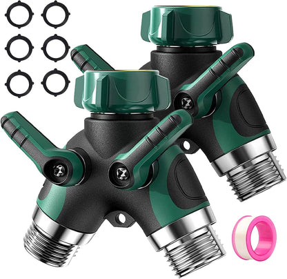 2 Way Garden Hose Y Splitter, 3/4 Inch Heavy Duty Metal Faucet Splitter | 2 Pack 3/4" Garden Hose Splitter Heavy Duty Water Faucet Splitter with Comfortable Rubberized Grip + 6 Extra Rubber Washers