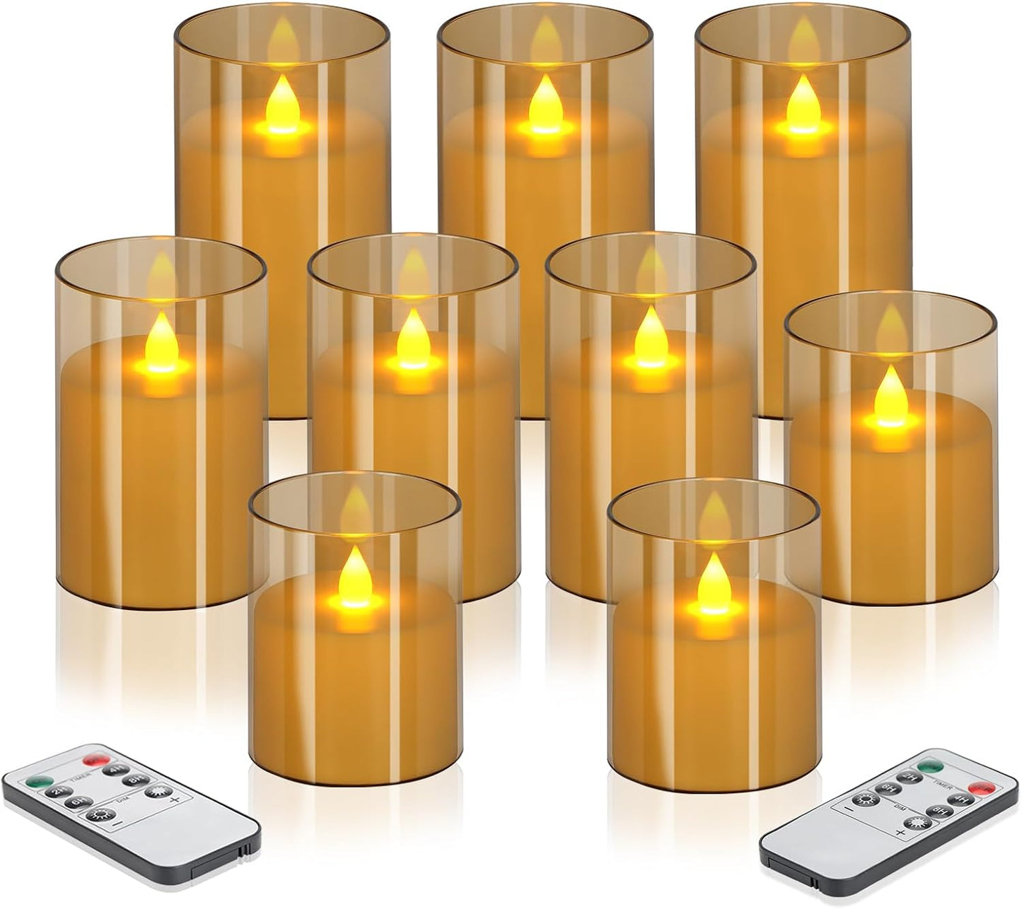 wemarry Flameless Candles 4" 5" 6" Acrylic Glass Pillars 3" Diameter Battery Operated Flickering Candles Include 8-Key Remote with Timer Function 400+ Hours (Amber, Warm Light 3 Pack)