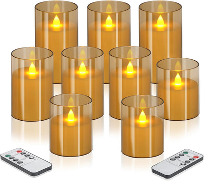 wemarry Flameless Candles 4" 5" 6" Acrylic Glass Pillars 3" Diameter Battery Operated Flickering Candles Include 8-Key Remote with Timer Function 400+ Hours (Amber, Warm Light 3 Pack)
