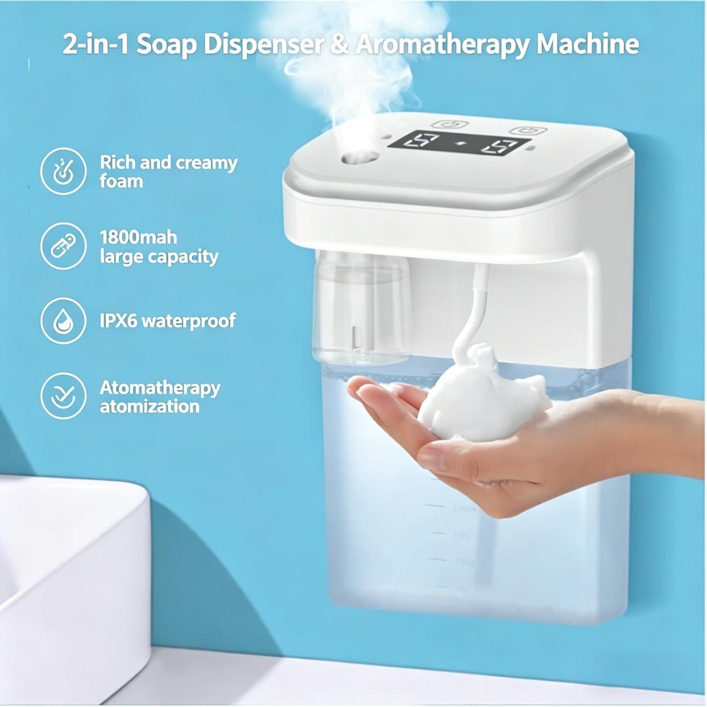 Automatic Soap Dispenser, 12.8oz Touchless Foaming Soap Dispenser, Rechargeable Wall Mounted with 4-Level Adjustable Foam Output, IPX6 Waterproof for Bathroom Kitchen