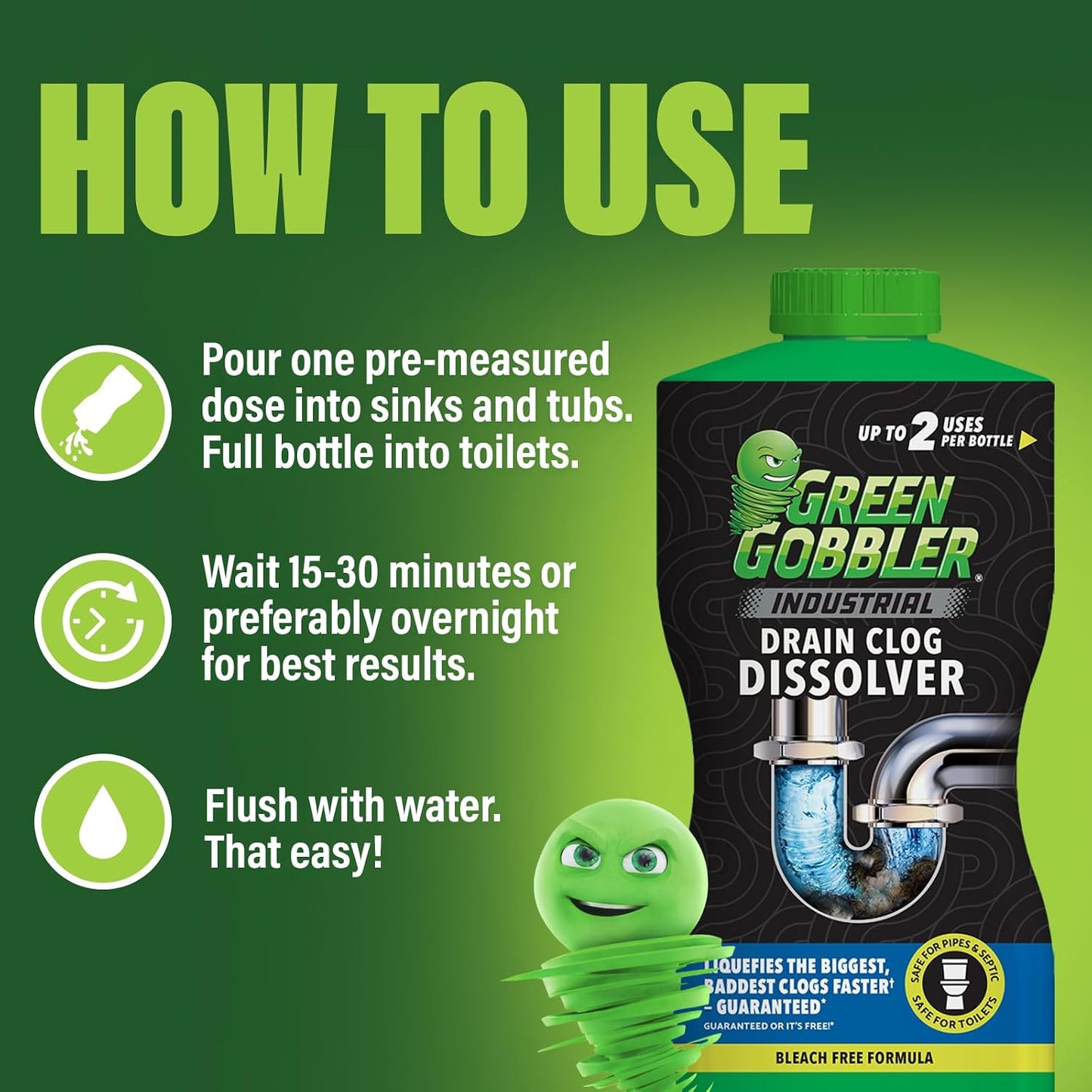 Green Gobbler Industrial Strength Grease and Hair Drain Clog Remover | Drain Cleaner Gel | Safe for Pipes, Toilets, Sinks, Tubs, Drains & Septic Systems (Packaging May Vary)