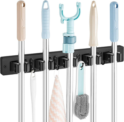 OUTNILI Mop and Broom Holder Wall Mount - Wood Broom Mop Hanger - Wall Mounted Garden Tool Rack Organizer for Closet Garage Laundry Room for Rustic Kitchen Decor With 5 Slots & 4 Hooks