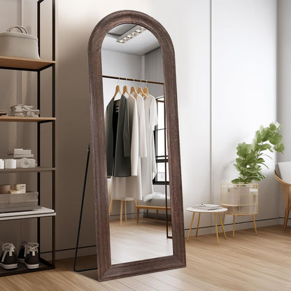 Solid Wood Full Length Mirror - 65"x22" Arched Floor Mirror, Free Standing & Wall Mounted - Elegant Design for Bedroom, Dressing Room, Hallway, Brown