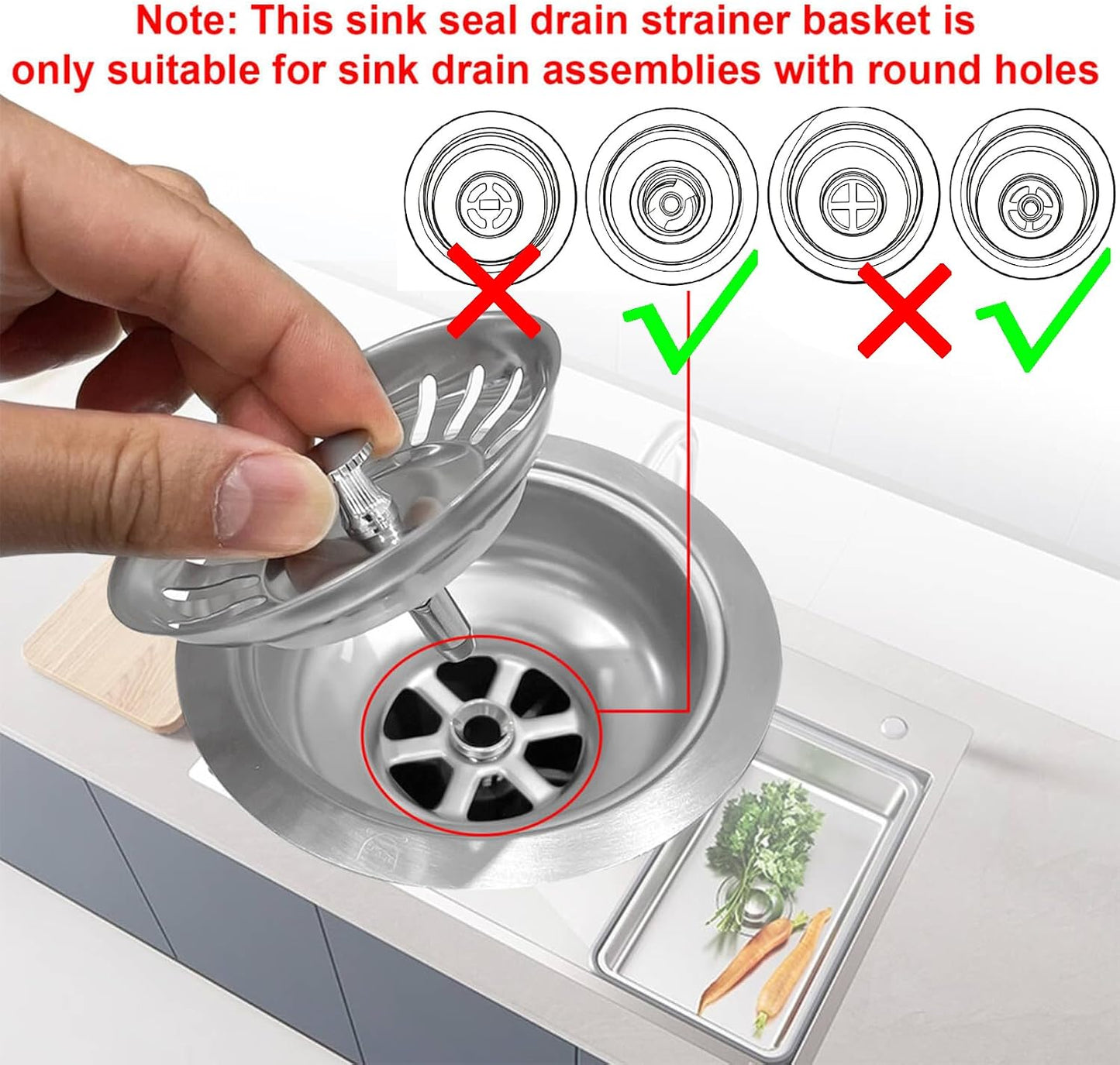 2pcs Kitchen Sink Drain Basket, 3 1/4 '' 304 Stainless Steel Drainage Filtration Basket with Handle for Kitchen Sink Strainer Replacement