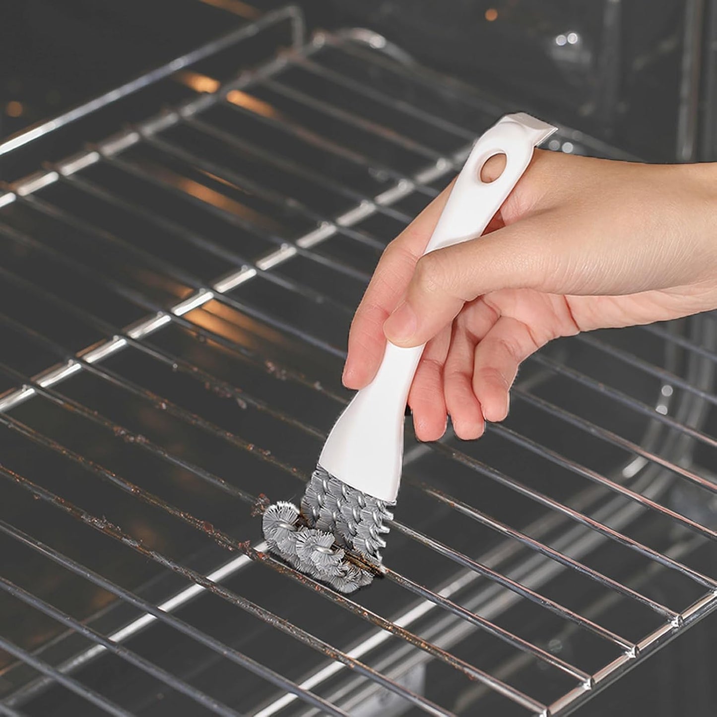 Hood and Grill Kitchen Cleaning Brush, Multi-Row Steel Wire Bristles, Built-in Scraper, Degreaser Tool for Oven Racks, BBQ Grates, and Kitchen Filters, Ergonomic White Handle