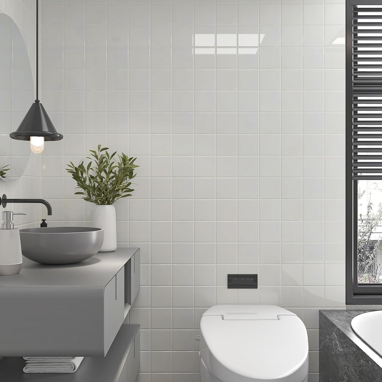 CHIHUT 6 Sheets 12"x12" Glossy Grey Concrete Checkered Peel and Stick Backsplash Tiles Waterproof Heat Resistant Self Adhesive Vinyl Wall Tiles for Kitchen Bathroom Laundry Room Renter Friendly Tiles