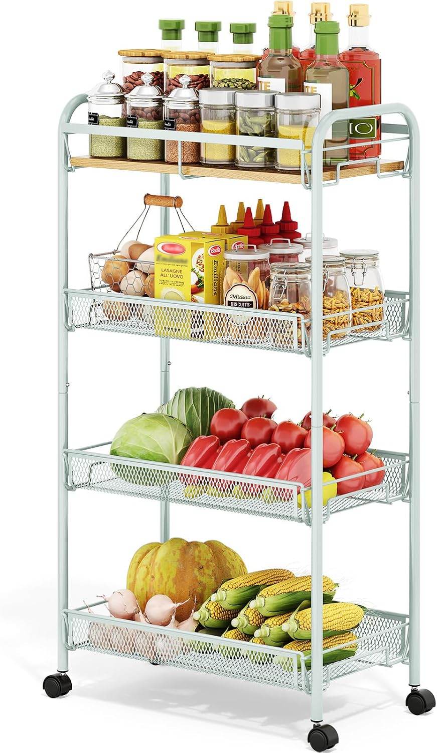 TOOLF 4-Tier Slim Rolling Cart, Metal Utility Cart, Slide Out Storage Cart with Wooden Tabletop and Mesh Baskets for Narrow Space on Kitchen Bathroom Laundry Room Bedroom Apartments Dormitory