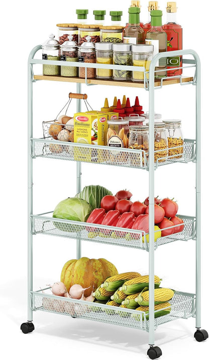 TOOLF 4-Tier Slim Rolling Cart, Metal Utility Cart, Slide Out Storage Cart with Wooden Tabletop and Mesh Baskets for Narrow Space on Kitchen Bathroom Laundry Room Bedroom Apartments Dormitory