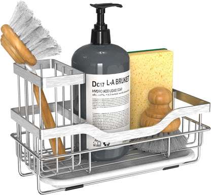 Sponge Holder for Kitchen Caddy Sink Organizer, Multifunctional Rustproof Dish Soap Sponge Caddy for Sink Counter with Detachable Brush Holder & Drain Tray - Storage Kitchen & Home Accessories