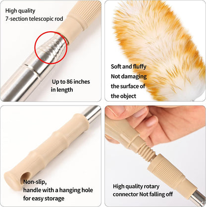 Extendable Lambswool Duster 29-110 Inch,Anti-Static Flexible Head, Stainless Steel Pole for Cleaning High Ceiling,Fan,Furniture,Roof Dusting