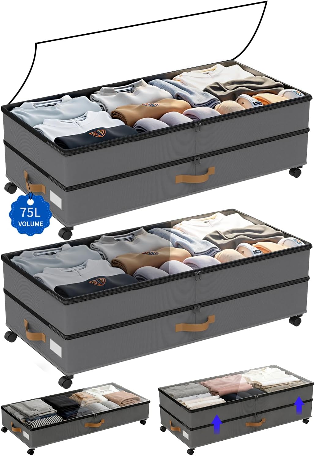 Under Bed Storage with Wheels 2-Pack, 75L XXL Under the Bed Storage Containers Large, 12" Tall Adjustable Storage for Underbed with Lids, Rolling for Clothes, Shoes, Blankets (Black)