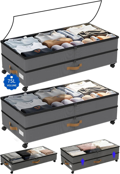 Under Bed Storage with Wheels 2-Pack, 75L XXL Under the Bed Storage Containers Large, 12" Tall Adjustable Storage for Underbed with Lids, Rolling for Clothes, Shoes, Blankets (Black)
