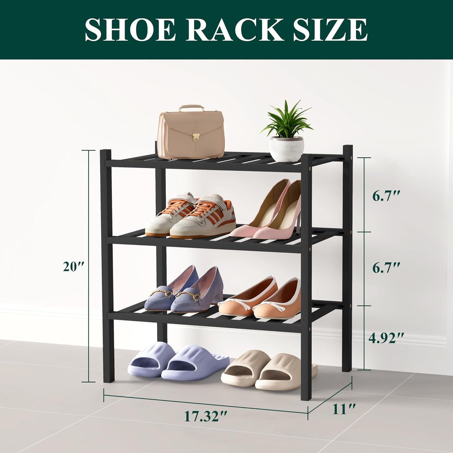 Smiry Bamboo Shoe Rack for Closet, 3 Tier Wooden Shoe Organizer, Stackable Wood Shoe Storage Shelf for Entryway, 14 Vertical Slats, One-piece Heavy-Duty Legs, 26.77"x11.02"x18.31", Natural