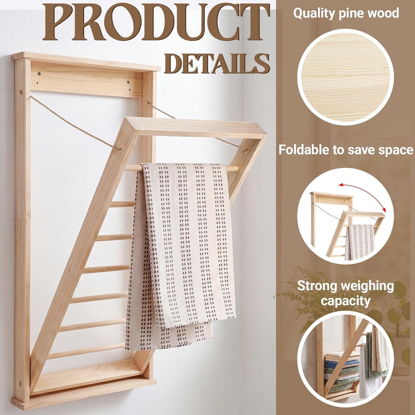 Novabright 1 Pcs Wall Mounted Drying Rack with Wooden Rod, Foldable Space-Saving Hanging Clothes Drying Rack for Laundry Room Storage Bathroom (40 x 19 x 3 Inch,Wood)