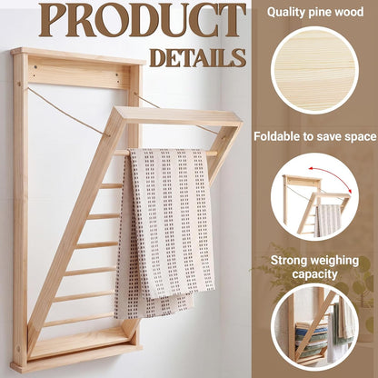 Novabright 1 Pcs Wall Mounted Drying Rack with Wooden Rod, Foldable Space-Saving Hanging Clothes Drying Rack for Laundry Room Storage Bathroom (40 x 19 x 3 Inch,Wood)