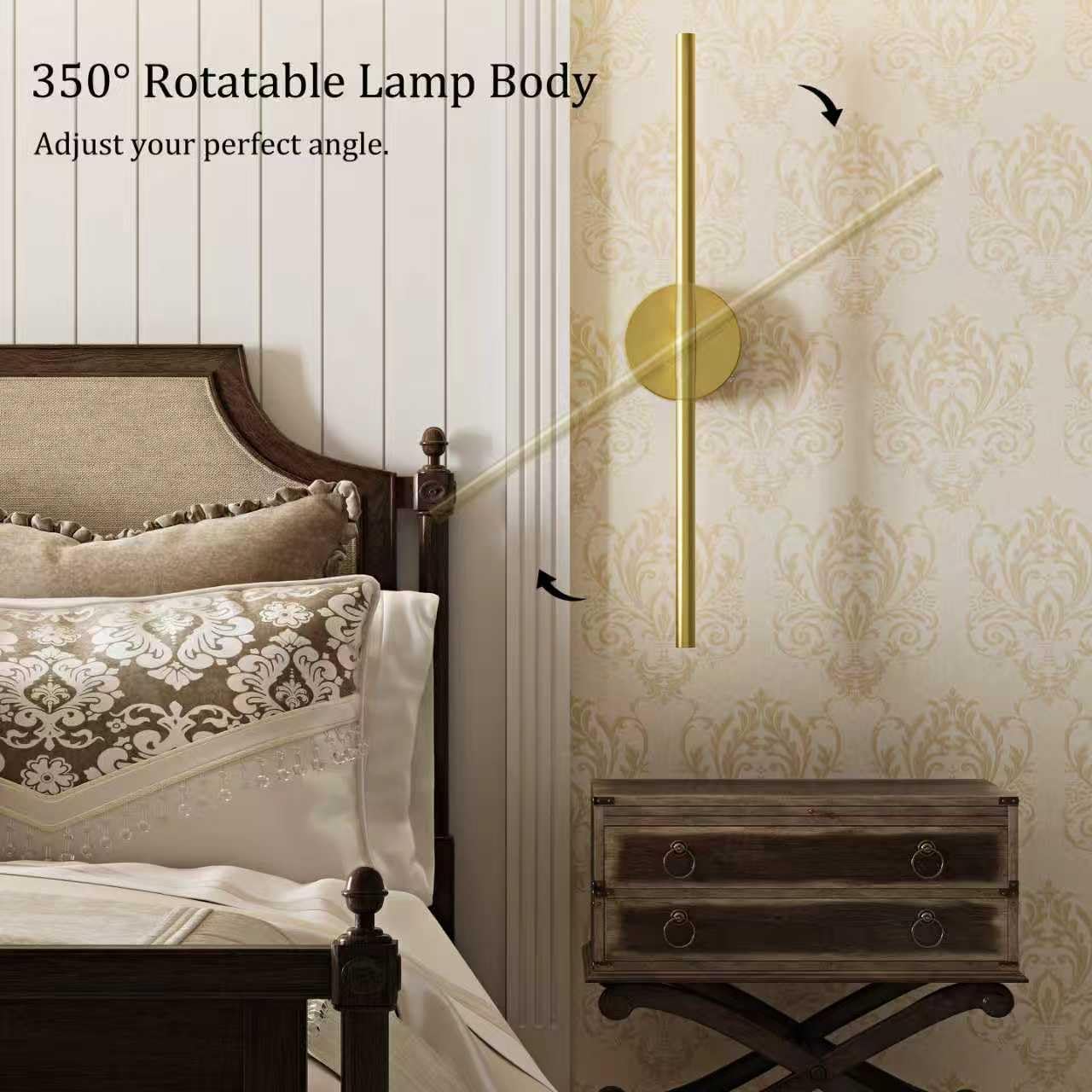 24 Inch Battery Operated Wall Sconce Set of 2, Dimmable Battery Sconces with Remote Control, 8000 mAh Rechargeable Sconces, 350° Rotate Modern LED Lights for Bedroom, Living Room, Black Gold