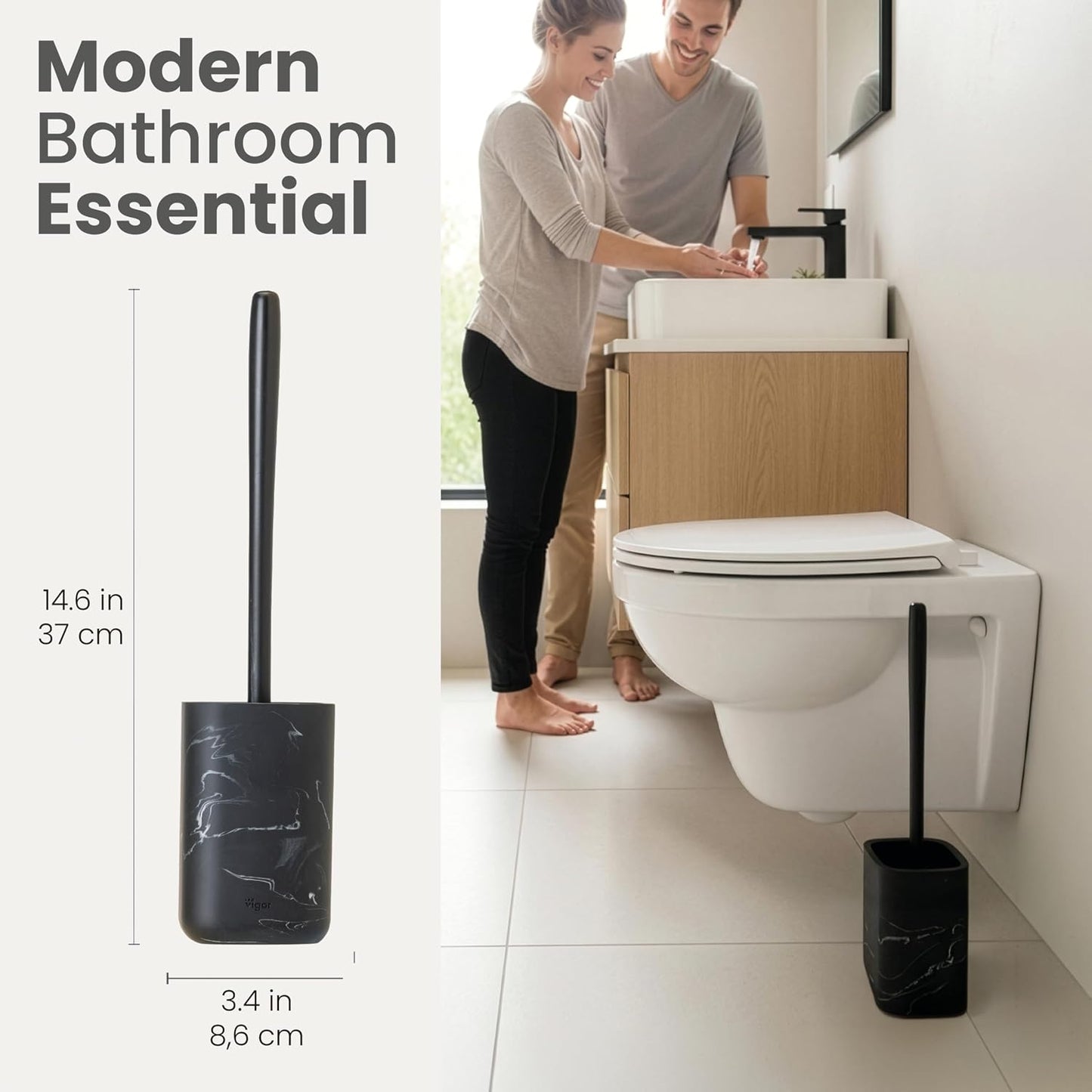 Vigar Zense Toilet Brush and Holder Set - Toilet Bowl Brush and Holder, Polyresin Stone Bathroom Accessory, Compact Toilet Cleaner Brush for Bathroom Decor and Toilet Accessories Set - White Marble