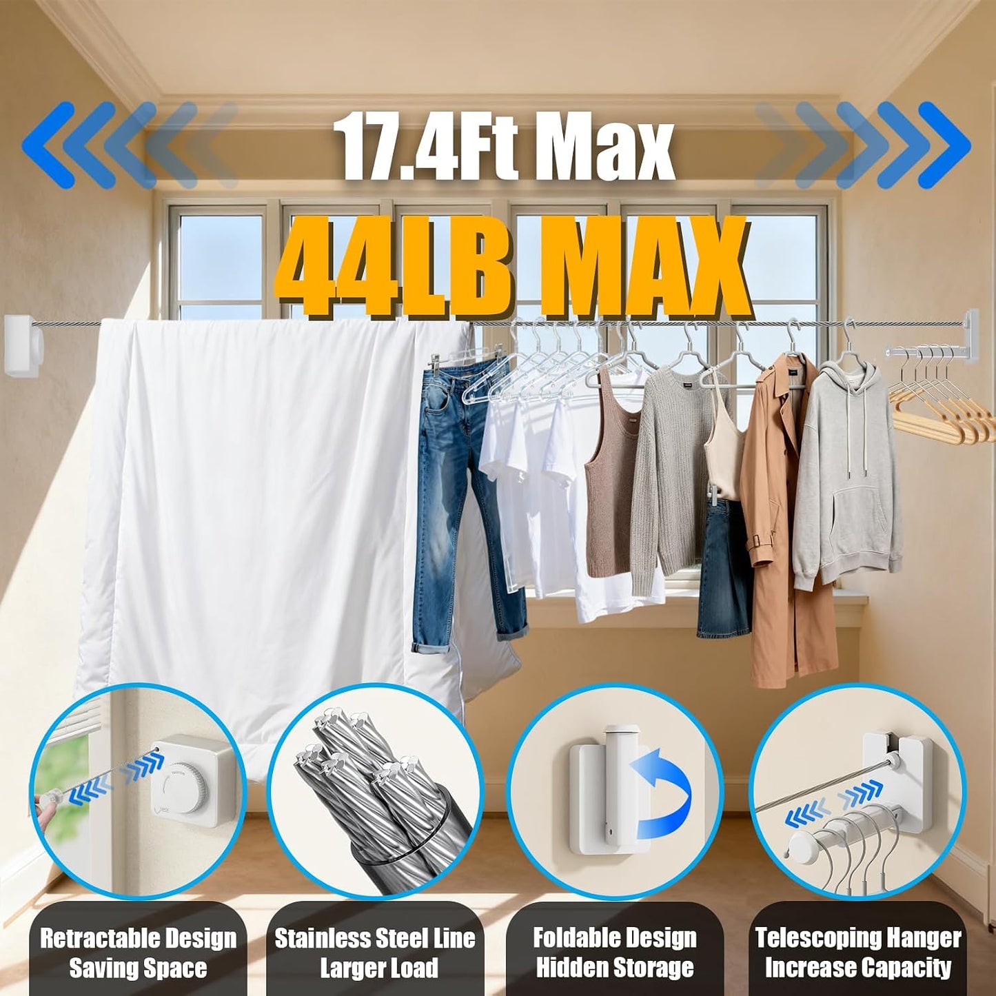 Retractable Clothesline Indoor & Outdoor, 16.2Ft Non-Sagging Stainless Steel Laundry Line with Wall Mounted Heavy Duty Design, Space-Saving Drying Rack for Bathroom, Balcony(1, White)