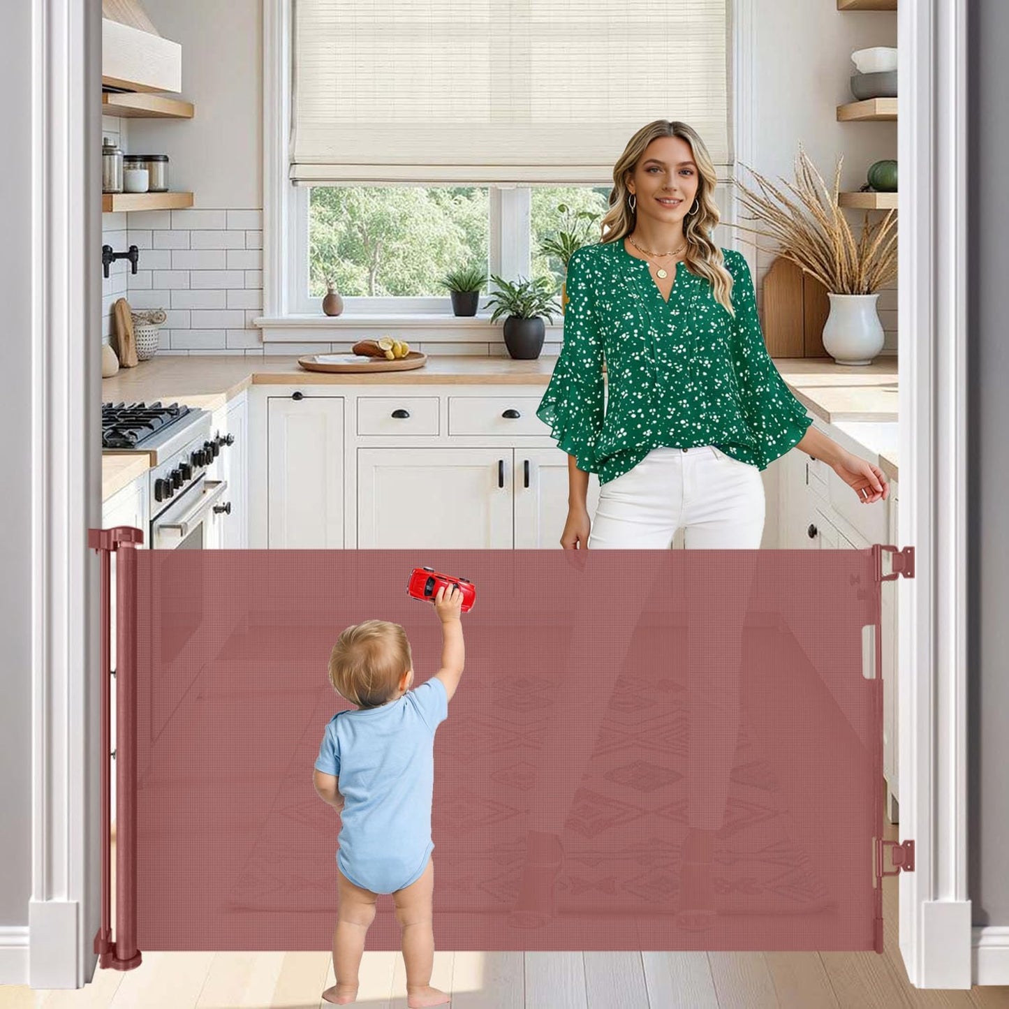 33” Tall X 50” Wide Retractable Baby Gates for Doorways One-Hand Easy Operation Retractable Dog Gate Outdoor Scratch-Resistance Mesh Pet Gate Indoor 4.17Ft Long Doggy Gates for Inside Dog Fence, Brown