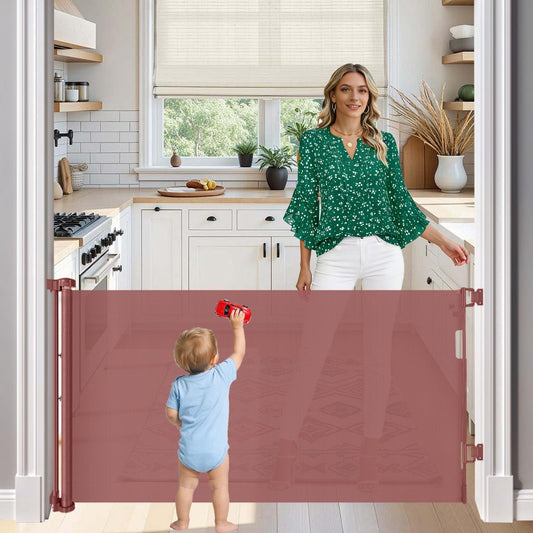 33” Tall X 50” Wide Retractable Baby Gates for Doorways One-Hand Easy Operation Retractable Dog Gate Outdoor Scratch-Resistance Mesh Pet Gate Indoor 4.17Ft Long Doggy Gates for Inside Dog Fence, Brown