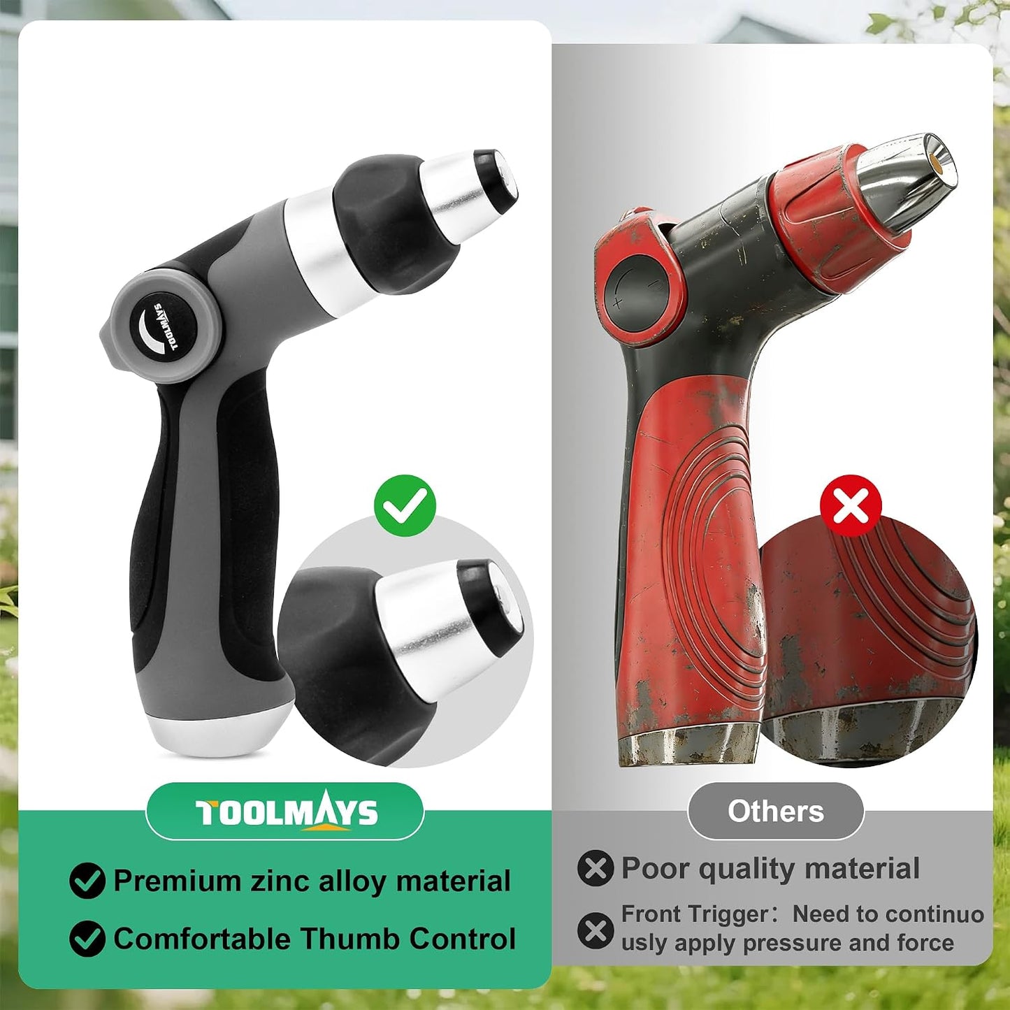 Garden Hose Nozzle - Heavy Duty Water Hose Sprayer with 8 Spray Patterns, Dia 90mm Thumb Control On/Off Valve, Durable Zinc Alloy Body for Lawn, Car & Pet Cleaning