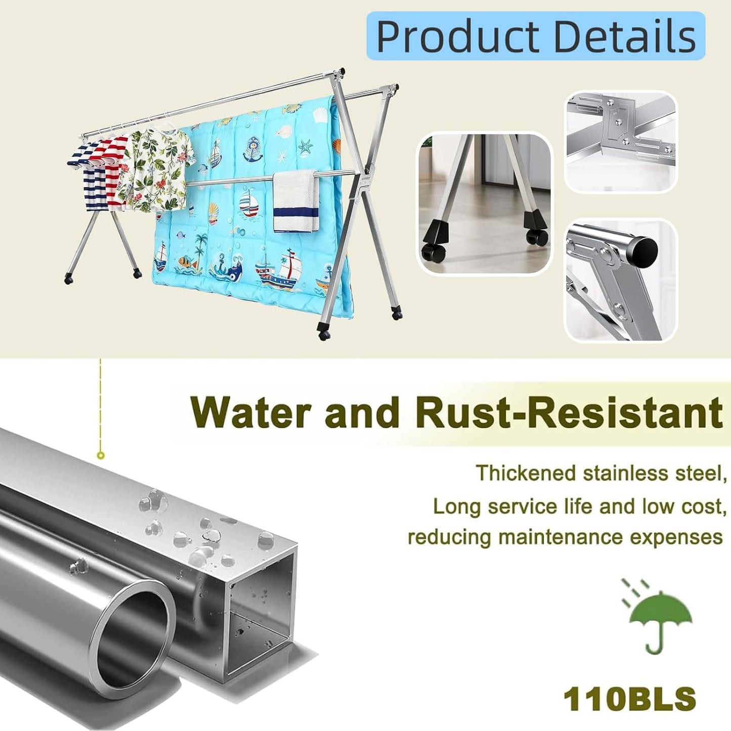 Clothes Drying Racks Outdoor, Updated Version,Stainless Steel Laundry Drying Rack for Indoor Outdoor and The Balcony,Length Adjustable Saves Space,with Windproof Hooks