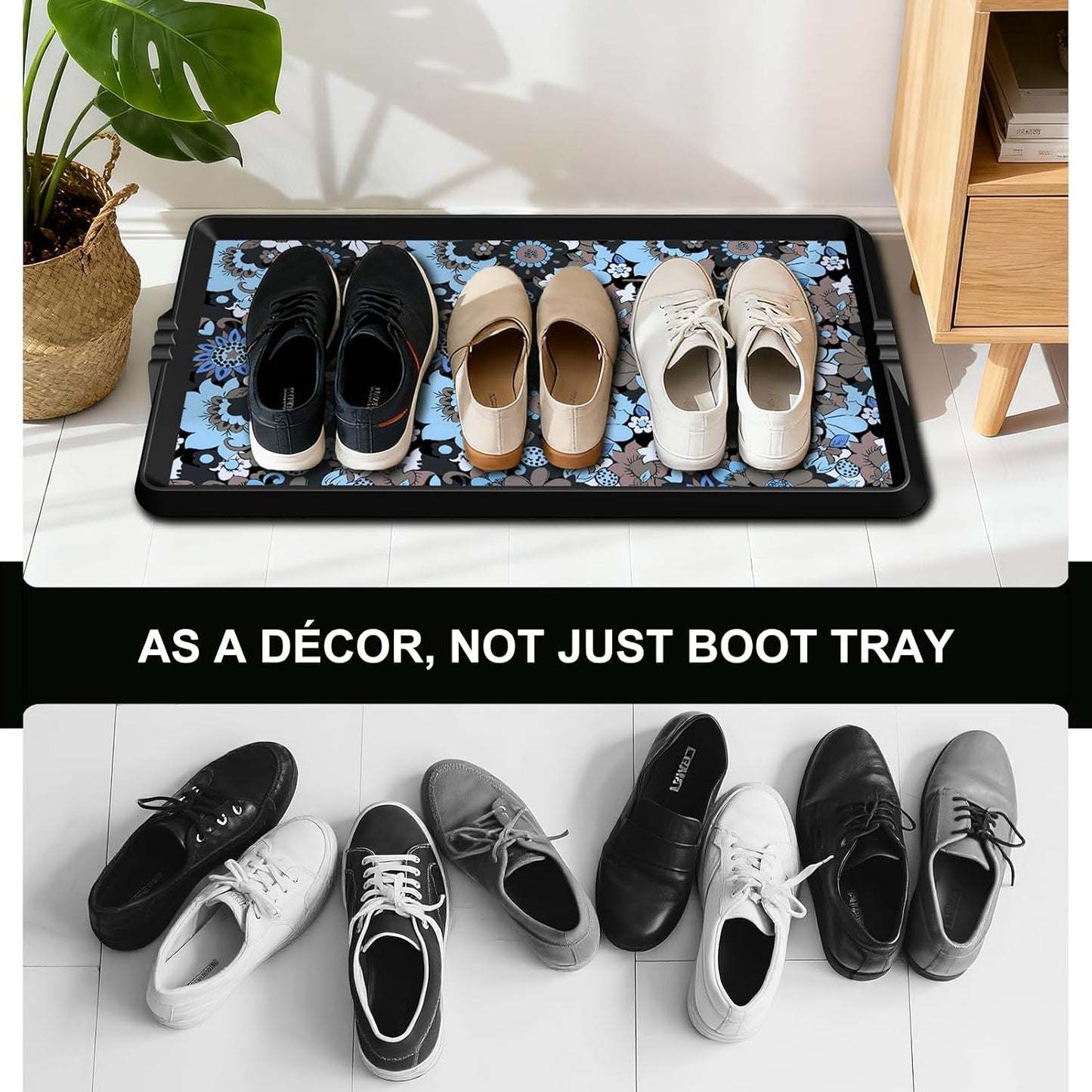BEHERO Boot Tray Shoe Mat Decorative Patterned, Rubber Shoe Matt Tray Indoor/Outdoor Use, 16" x27.5" Shoe Cleaning Mat Non-Slip, Shoe Storage Waterproof Flower Prints for Entryway, Sunlit Blossom