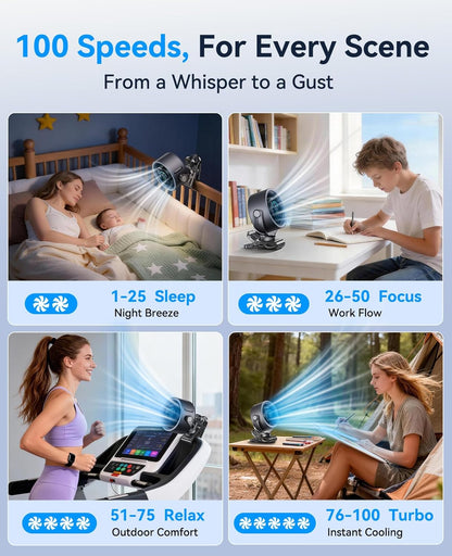 KIMMOO 4000mAh Rechargeable Portable Clip on Fan-100-Speed Touch Control, LED Display, 360° Rotate Quiet Turbo Desk Fan, Small Battery Operated USB Fan for Stroller Bed Travel Camping Golf Gym (Black)