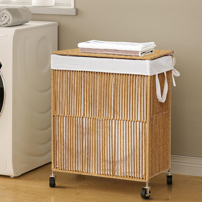 WOWLIVE Laundry Hamper with Wheels, 160L Handwoven Rolling Laundry Basket 3 Section with Lid, Clothes Hamper with Removable Liner Bags, Large Capacity Laundry Sorter Laundry Room Organization, Natural