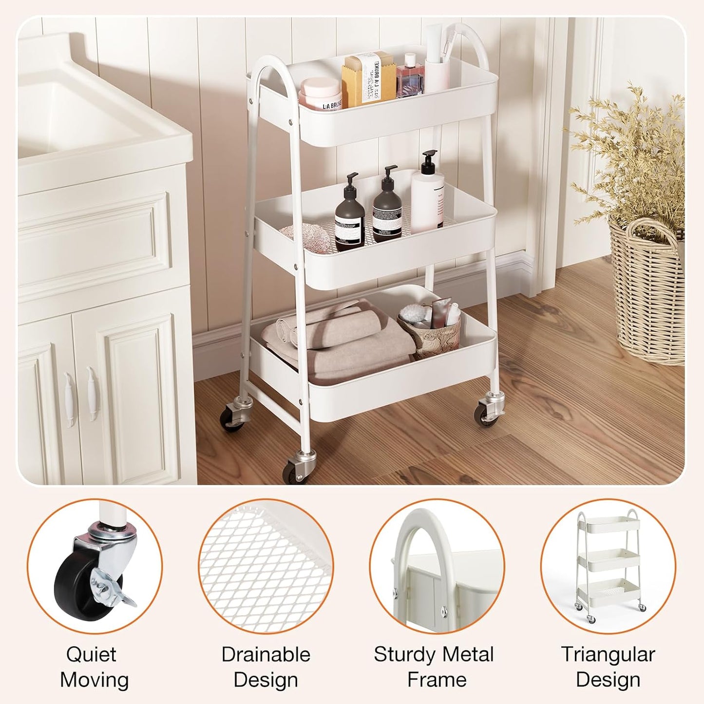 NEWBULIG 3-Tier Rolling Storage Cart, Metal Mobile Utility Organizer Shelf with Lockable Wheels, Space-Saving Freestanding Storage for Bathroom Living Room and Narrow Corner Spaces, Green