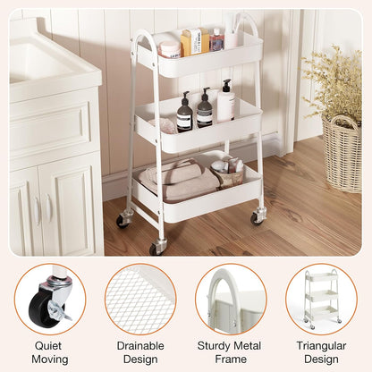 NEWBULIG 3-Tier Rolling Storage Cart, Metal Mobile Utility Organizer Shelf with Lockable Wheels, Space-Saving Freestanding Storage for Bathroom Living Room and Narrow Corner Spaces, Green