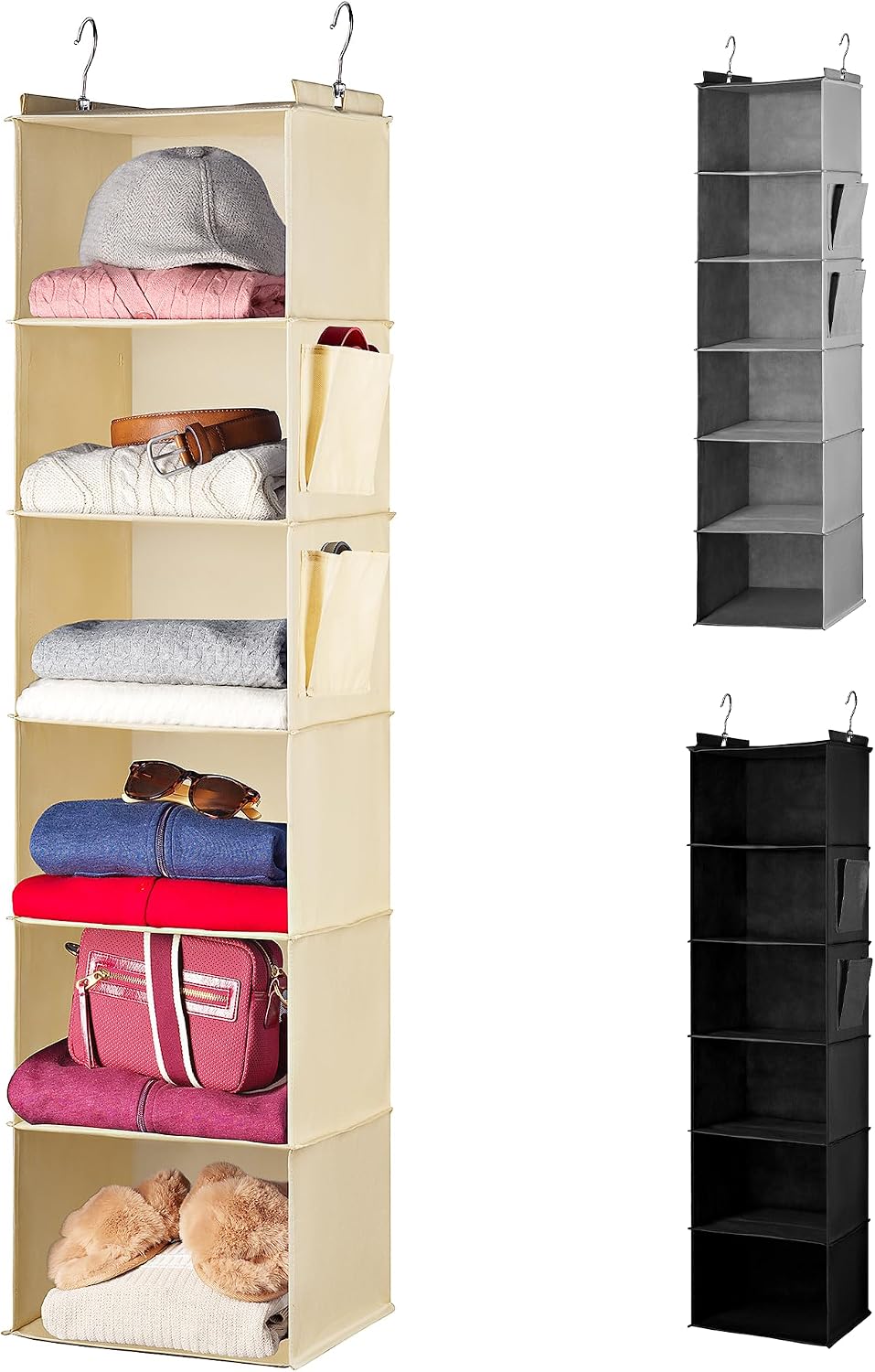 Handy Laundry Hanging Closet Organizer - 6 Shelf Storage for Clothes, Sweaters, Shoes & Accessories - Space-Saving Wardrobe Shelves with Hooks for Dorm, RV & Small Closet Organization (Beige)