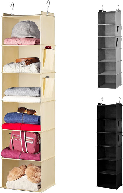 Handy Laundry Hanging Closet Organizer - 6 Shelf Storage for Clothes, Sweaters, Shoes & Accessories - Space-Saving Wardrobe Shelves with Hooks for Dorm, RV & Small Closet Organization (Beige)
