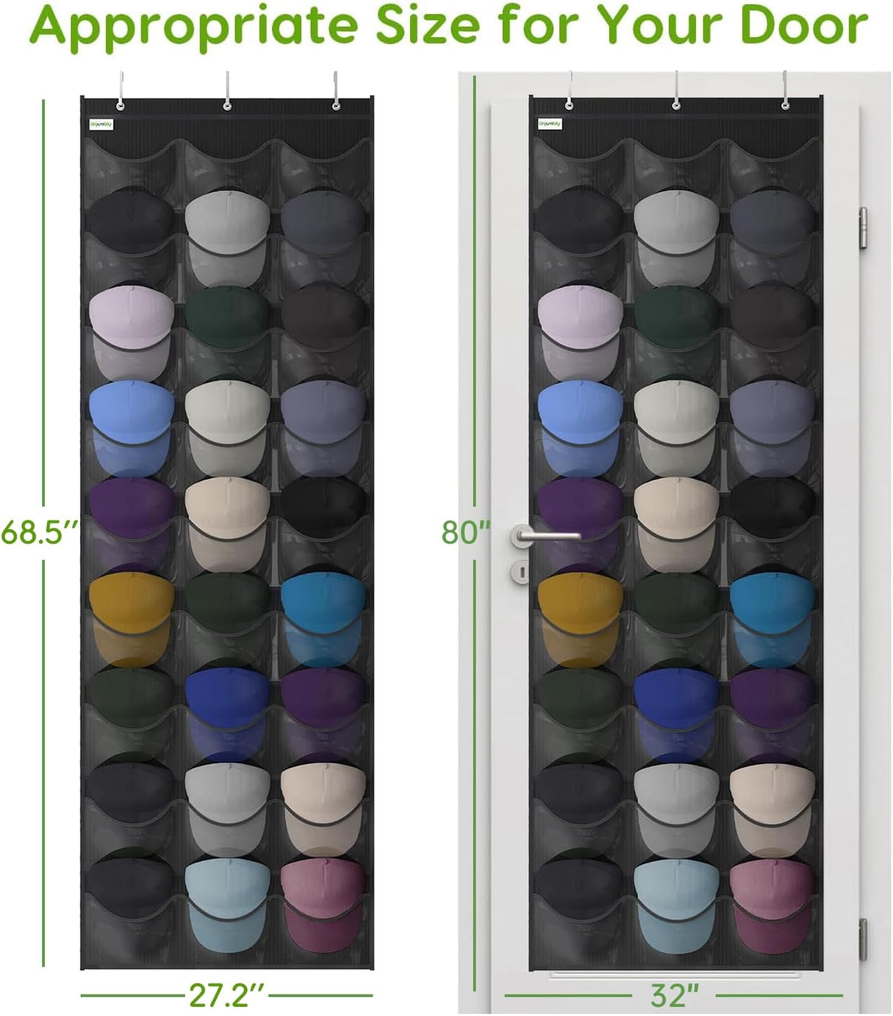 Baseball Hat Rack, 24 Pocket Over-The-Door Hat Organizer with Clear Deep Pockets to Display Baseball Caps Collection, Complete with 3 Over Door Hooks (Black, 24 Pockets)