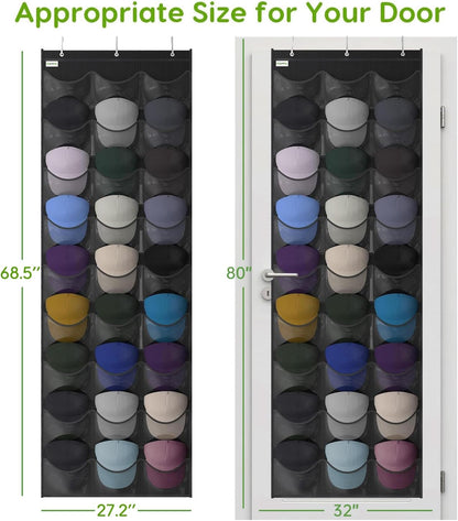 Baseball Hat Rack, 24 Pocket Over-The-Door Hat Organizer with Clear Deep Pockets to Display Baseball Caps Collection, Complete with 3 Over Door Hooks (Black, 24 Pockets)