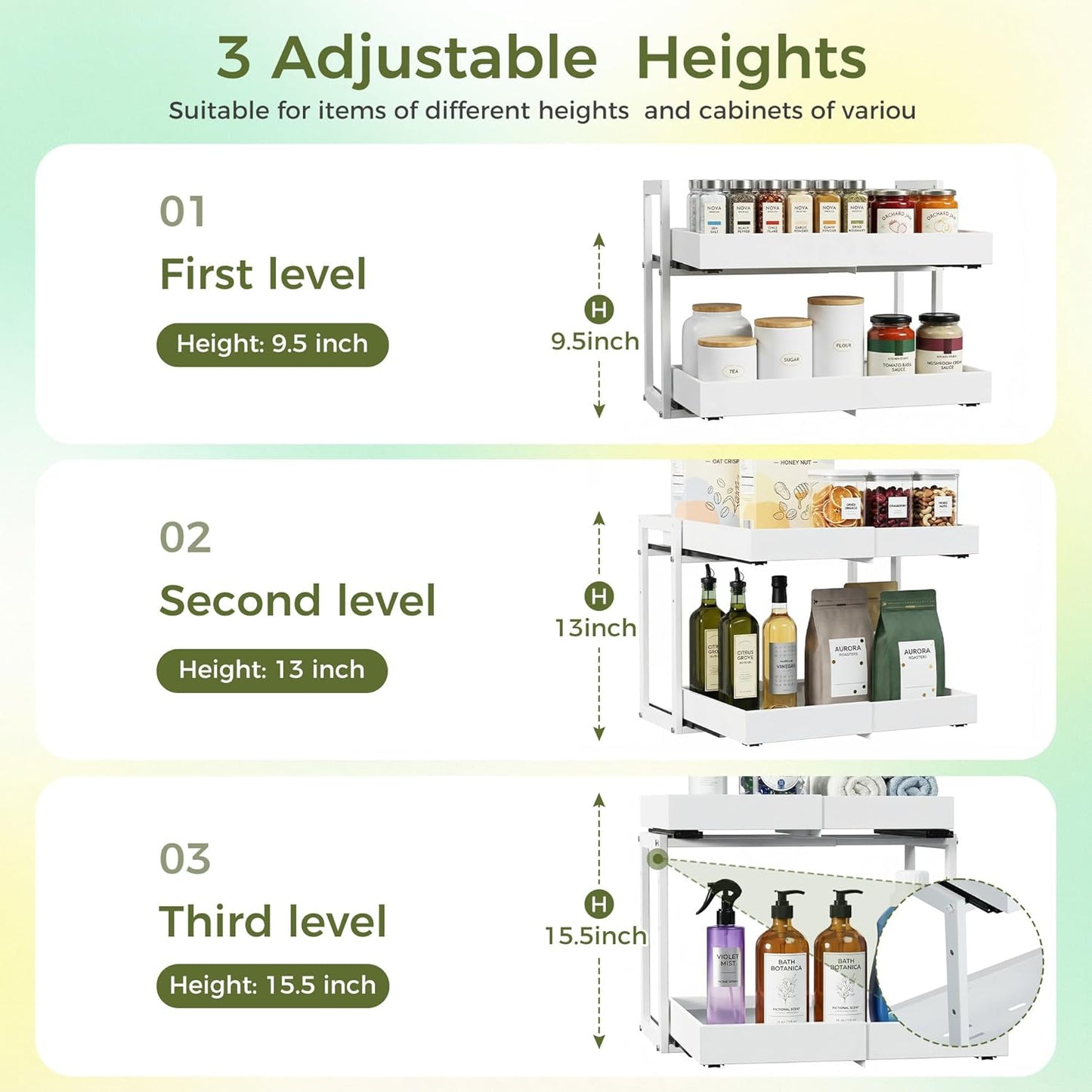 Abalter Expandable Pull Out Cabinet Organizer, 2-Tier Slide Out Drawer for Kitchen Cabinets, Adjustable Width 12–18.5", Slide Out Shelves for Kitchen, Bathroom, Pantry, Heavy Duty Caddy(White)