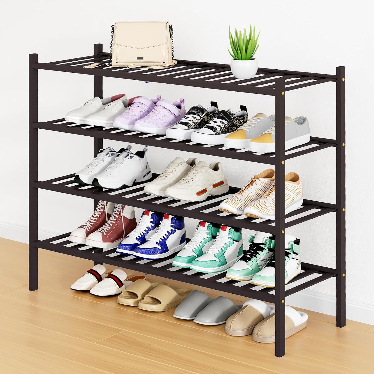 Smiry Bamboo Shoe Rack, 3 Tier Free Standing Wooden Shoe Organizer, Stackable Wood Shoe Storage Shelf for Closet, Entryway, 12 Vertical Slats, 2+1 Stack Standard Legs, 26.8"x11"x19.5", Natural