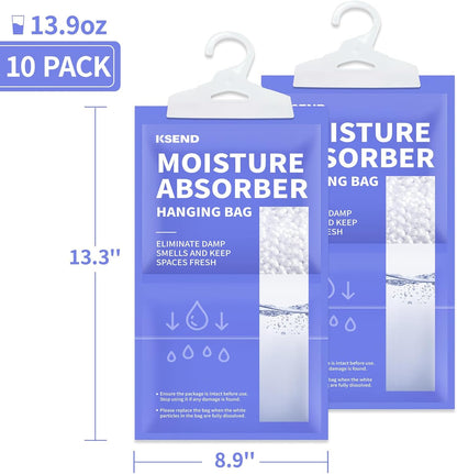 Ksend Moisture Absorbers 10 Pack, 9.8 Oz Compact Dehumidifier Bags & Packs, Moisture Hanging Bag, Humidity Absorbers, Closet Deodorizer Against Musty Odors, 11.8'' x 6.3''