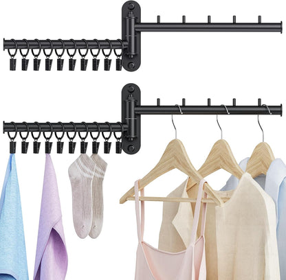Wall Mounted Drying Rack, 2-Tier Laundry Drying Rack with Swing Arm, Space-Saving Foldable Laundry Clothes Hanger with 10 Clips for Laundry Room Closet Organizer Bathroom Bedroom