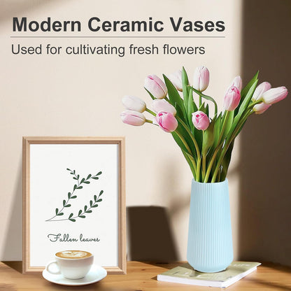 White Ceramic Vase, GUKJOB Small Cute Flower Vase for Pampas Grass, Home, Living Room, Dining Table, Farmhouse, Office Decor, Bedroom, Table, and Kitchen Shelf (White- 2PCS)