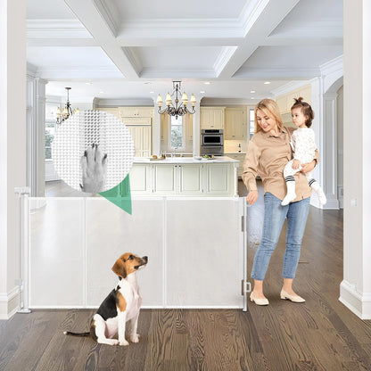 Reinforced 50" Wide Retractable Baby Gates for Doorways, Retractable Dog Gate for Stairs with Support Rods – Prevent Crawling Under, Outdoor Indoor Mesh Baby Gate Retractable Gates for Dogs, White