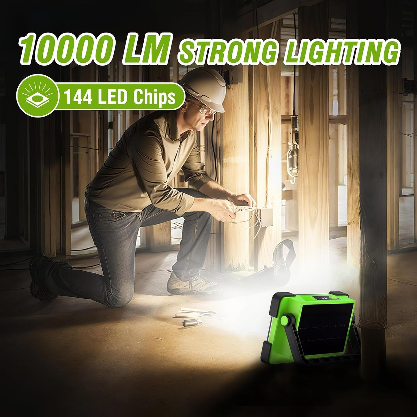 120W Solar Rechargeable Work Light, 144 LED 10000LM Led Work Light with 4 Modes, Portable Flood Light with Stand, IP66 Waterproof Outdoor Working Light for Emergency Mechanic Camping Repair (Yellow)