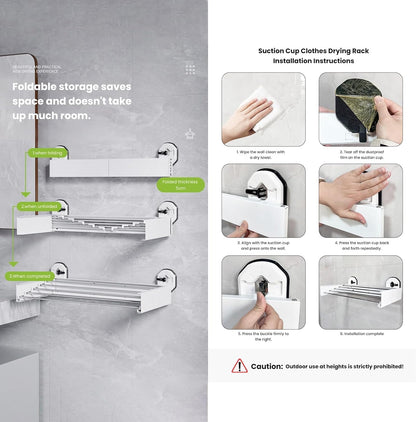 Drill-Free Foldable Wall Mounted Clothes Drying Rack for Laundry, 25 Inches | Retracble Drying Rack With 5 Steel Panels & Suction Cup, Space Saving Drying Rack For Apartment, RVs, Bathroom