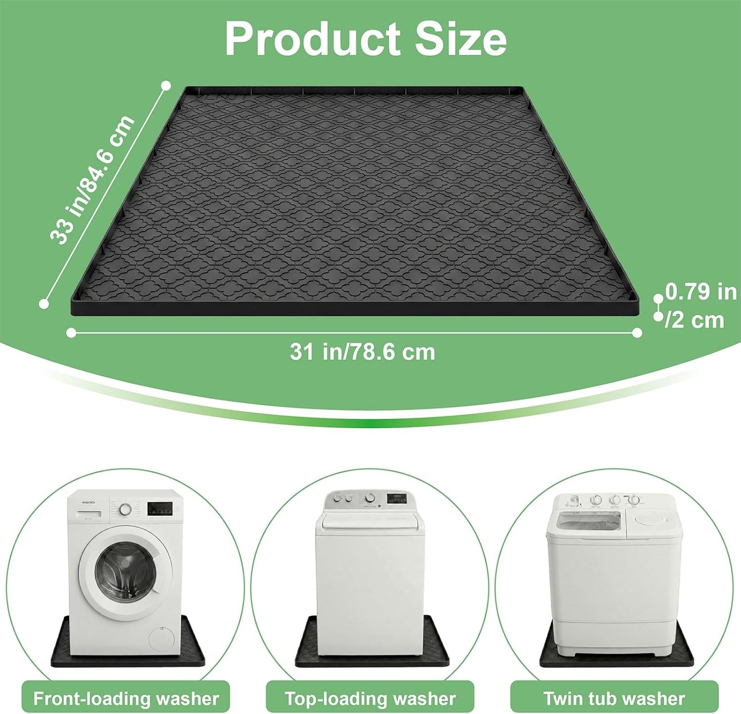 33 x 31 Inch Washing Machine Drain Pan, Silicone Washer Pan, Black | 2cm Raised Waterproof Edge, Washer and Dryer Mat for Floor Protection, Fits Standard & Large Washers Up to 5.0 Cu.Ft.