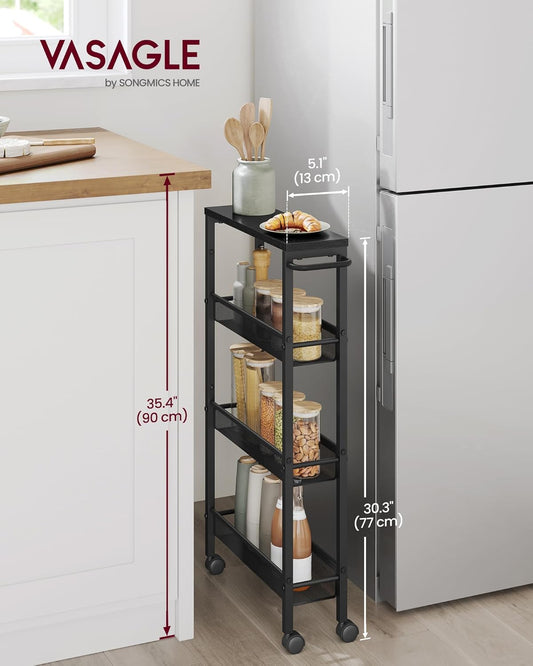 VASAGLE Slim Rolling Cart, 4-Tier Narrow Storage Cart with Handle, 5.1 Inches Deep, Metal Frame, for Kitchen, Dining Room, Living Room, Home Office, Rustic Brown and Classic Black ULRC032B01V1
