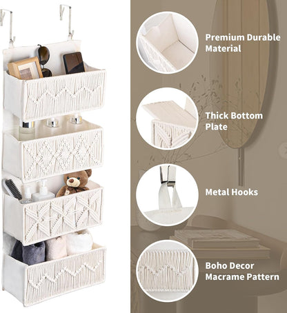 janebeauties Over the Door Organizer Macrame Boho Nursery Storage with 4 Large Woven Pockets, Hanging Basket for Bathroom, Nursery & Closet Doors, Behind the Door Storage Organizer, Cream White