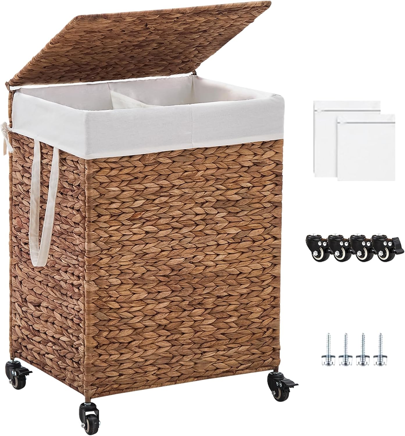 3-Section Laundry Hamper with Lid, Large Capacity Woven Natural Water Hyacinth Laundry Sorter with Removable Liners, Rolling or Non-Slip Design for Bedroom (Natural, 155L)