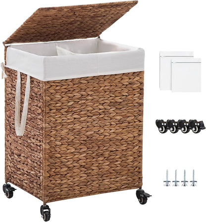3-Section Laundry Hamper with Lid, Large Capacity Woven Natural Water Hyacinth Laundry Sorter with Removable Liners, Rolling or Non-Slip Design for Bedroom (Natural, 155L)