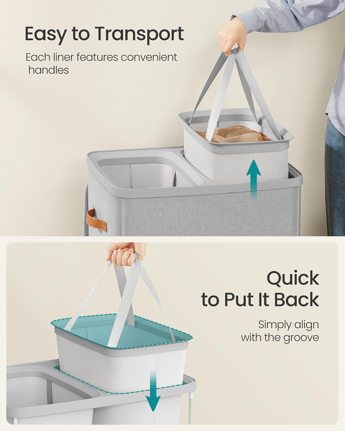 SONGMICS Laundry Basket, 50.2 Gal. Laundry Hamper, 3 Compartments, Easy Assembly, with Lid and Handles, Removable Liners, 25.2 x 15.7 x 29.5 Inches, Cappuccino Beige ULCB814LH01