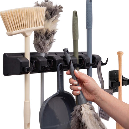 Broom Holder Wall Mount, Mop and Broom Organizer – Wall Mounted Broom Rack & Mop Rack, Rack for Brooms and Mops | Broom Hanger Wall Mount with 5 Slots & 6 Hooks, Kitchen Garage Laundry Garden